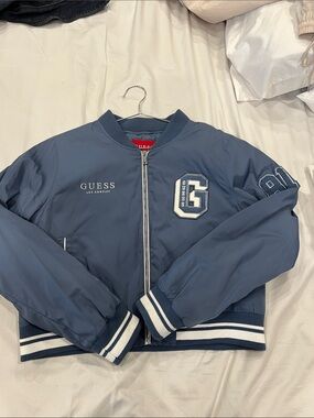 Guess Slate Blue Women's Varsity Bomber Jacket with 'G' Patch